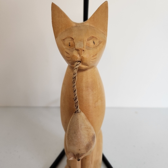 Rustic Wood Carved Wooden Cat Candle Holder Metal Stand Cats Eclectic Decor - Picture 4 of 7